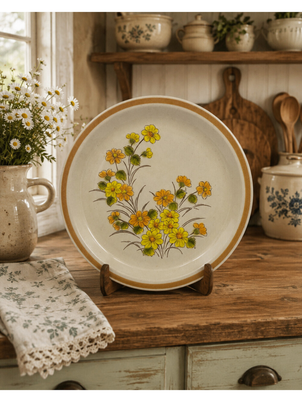 EKCO Eterna Somerville Dinner Plate Stoneware Japan Yellow Orange Floral 1970s